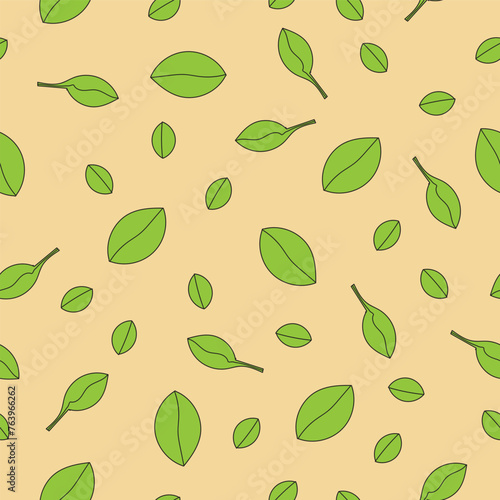 Vector hand green leaves composition on light yellow background.