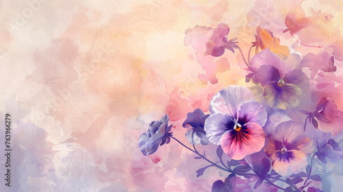 Charming watercolor of pansies against a pastel background, adding a pop of color. Generative AI