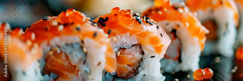 plate of sushi rolls, showcasing the delicate fish, rice, and seaweed in macro detail. Generative AI