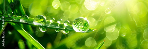 sparkling drop of water on a blade of grass, capturing the refraction of light and details of the droplet. Generative AI