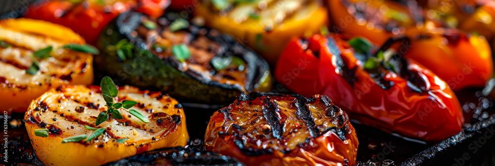 plate of freshly grilled vegetables, showcasing the vibrant colors and charred edges in exquisite detail. Generative AI