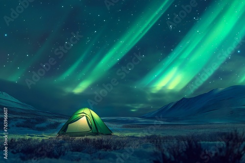 Northern lights over the night sky with aurora borealis and tent
