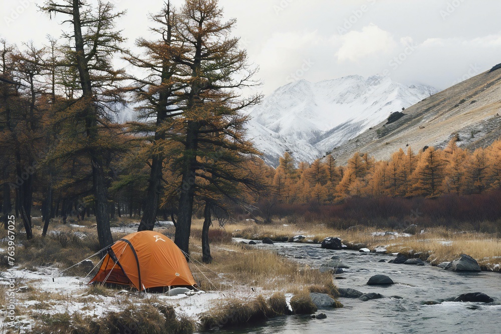 Camping on the banks of a mountain river in the Altai mountains
