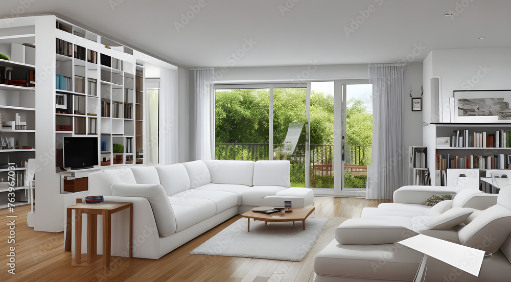 White minimalistic modern living room design . White sofa against white wall and bookshelf. Modern living place.Modern interior design. White minimalistic modern living room design . White sofa against white wall and bookshelf. Modern living place.Modern interior design.