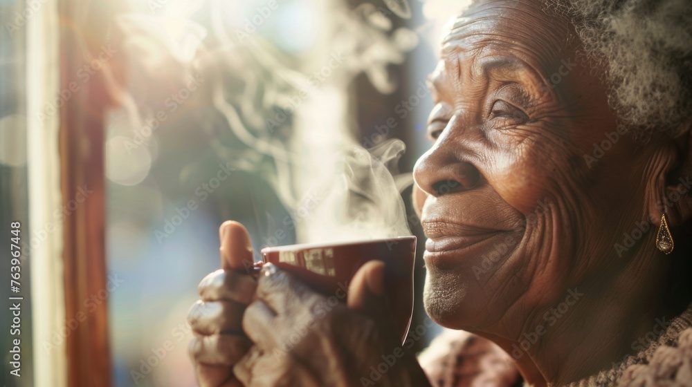 Woman is drinking morning coffee