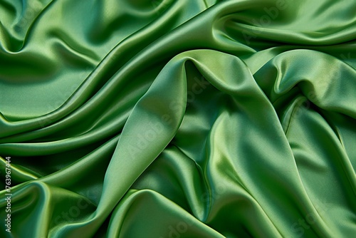 Green satin fabric texture background,  Closeup of rippled green satin fabric texture