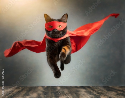 superhero cat, Cute orange tabby kitty with a red cloak and mask jumping and flying © stéphane huvé