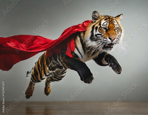 superhero tiger, with a red cloak and mask jumping and flying on light dark background