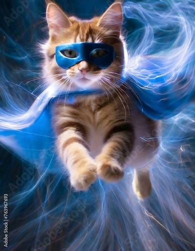 superhero cat  Cute orange tabby kitty with a blue cloak and mask jumping and flying