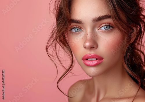 Portrait of a beautiful young woman on pink background