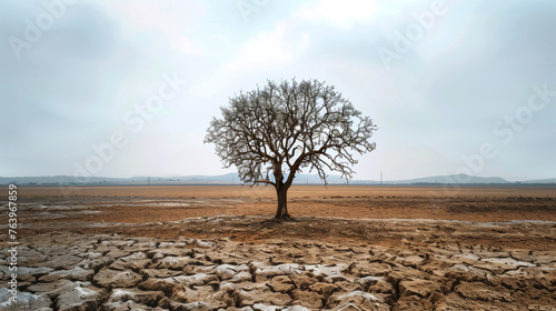 A lone tree standing in the middle of an arid landscape, symbolizing resilience and strength against environmental challenges such as climate change or megadrought.