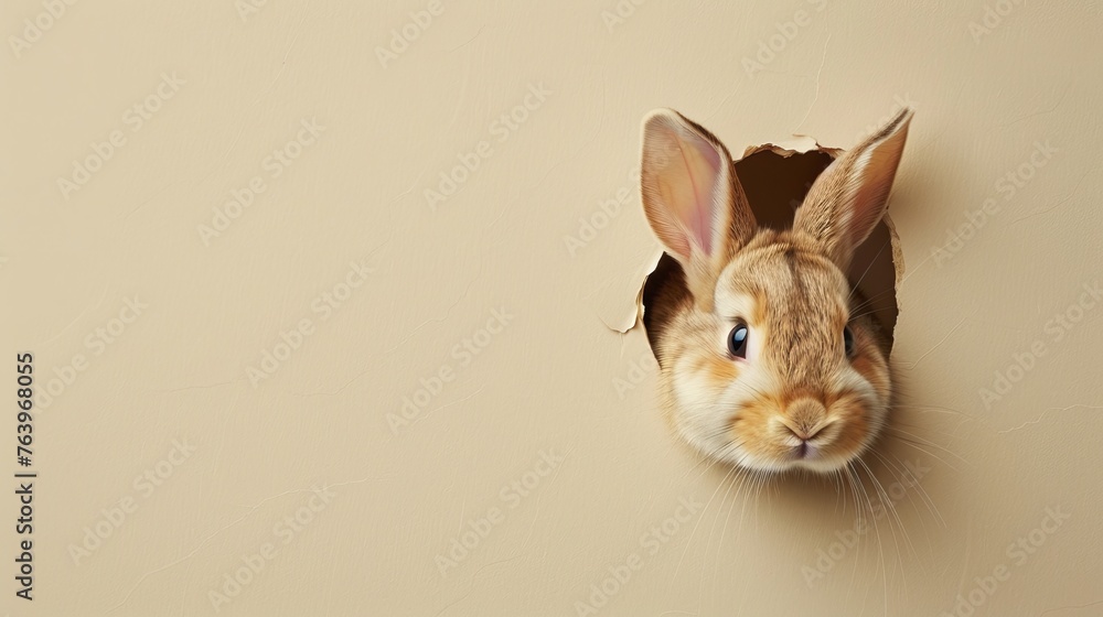 Obraz premium Easter rabbit bunny peeking out of a hole on cream color background, copy and text space, 16:9