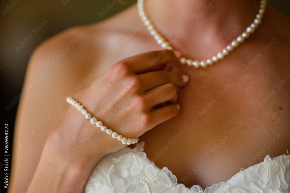 closeup of bride clasping pearl necklace around her neck