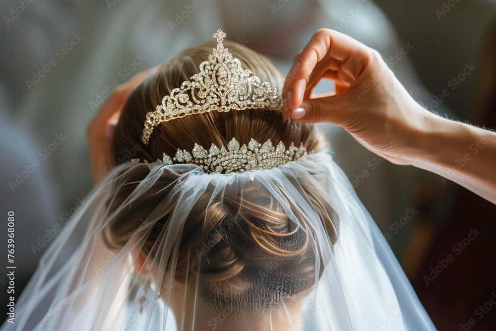 Naklejka premium person placing tiara on brides head