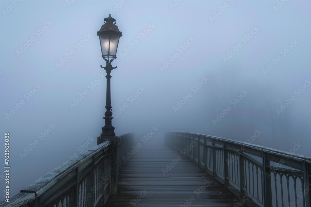 lone streetlamp on bridge with enveloping fog