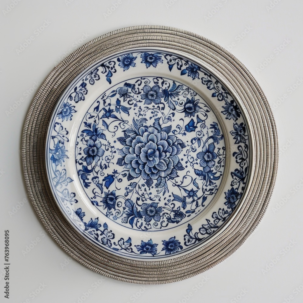 Top-View Minimalist Chinese Porcelain Plate on Light Grey Circular Mat

