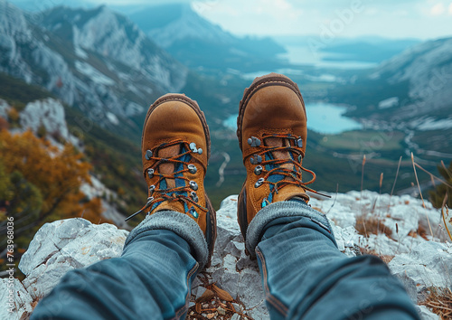 Closeup of feets from a with hiking shoes. Hiking hiker walking traveler mountains landscape