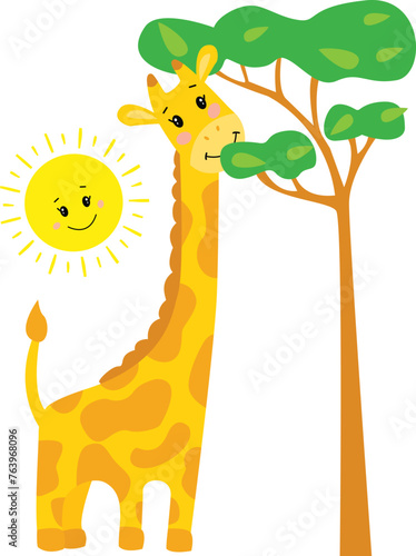 Vector Illustration of cute yellow orange giraffe. Eating tree leaves. Simple beautiful smiling sun. African umbrella tree and green fresh grass. Summer safari zoo collection of little animals. Kawaii