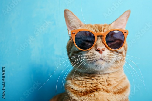 Portrait of red cat wearing sunglasses on blue background with copy space