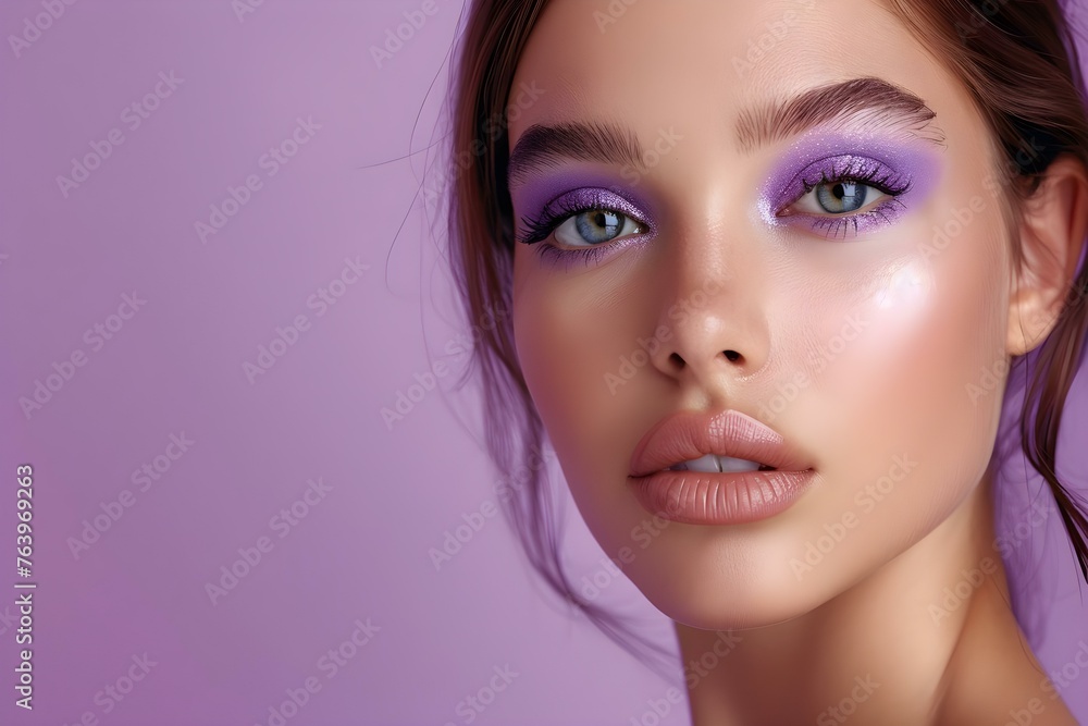 Naklejka premium Professional Lavender Makeup Look with Copy Space. Concept Makeup Tutorial, Lavender Eye Shadow, Beauty Tips, Copy Space, Professional Look