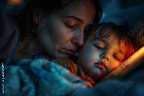 Portrait of a Single Mom tucking her child to bed. photo