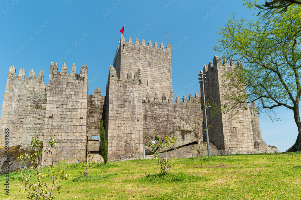 Medieval castle of Guimaraes was built in 10th century. The main flanking towers at the main gate were built at the end of the 13th century.