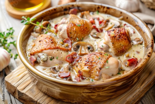 Hot chicken fricassee in a light plate on a wooden table - chicken meat browned and stewed in white wine cream sauce with mushrooms and microgreens. photo