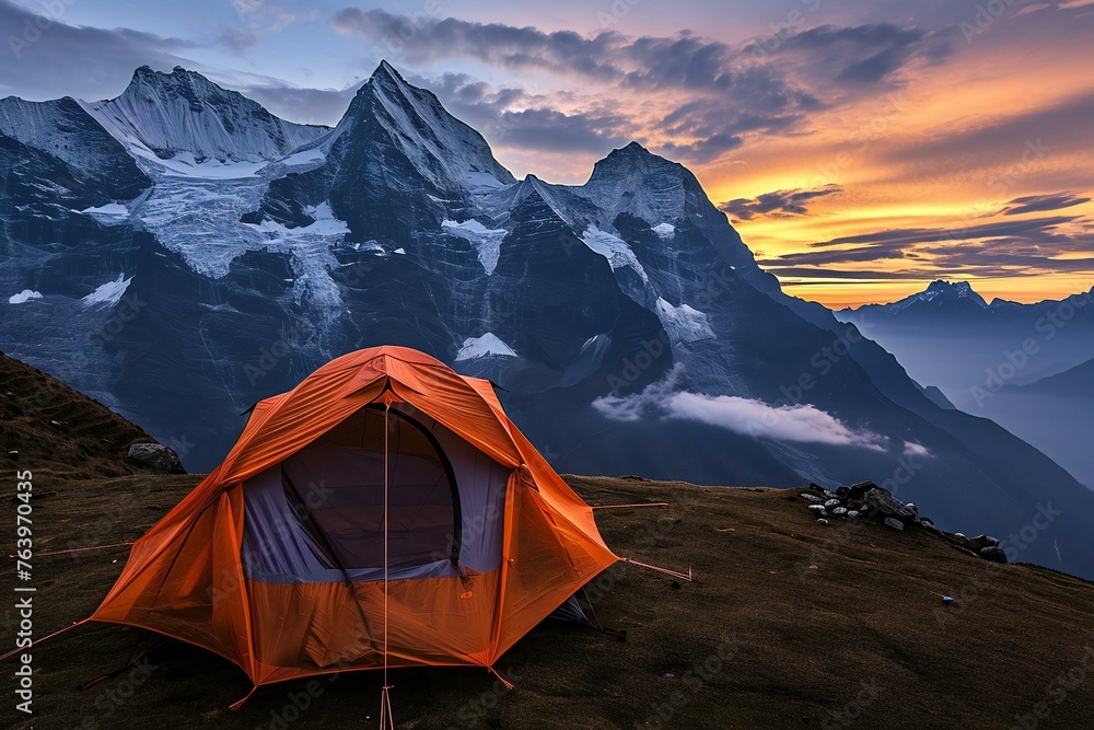 Camping in the mountains at sunset,  Trekking in Himalayas