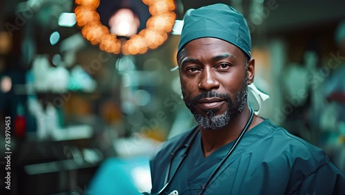 Portrait of mature dark-skinned African American surgeon in operating room. Professional experienced doctor looks at camera and blinks eyes. photo
