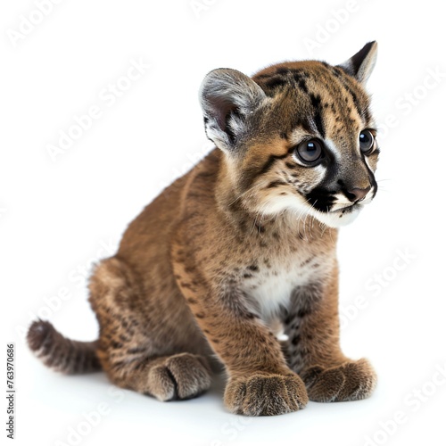 Young serval cat (Panthera serval) in front of white background