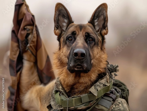 A German shepherd in military attire saluting next to a miniature flag