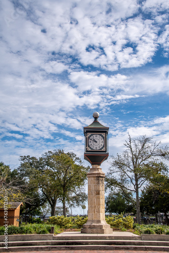 Clock Tower outside with blue skies, clouds, in historic downtown St. Augustine Visitor Center