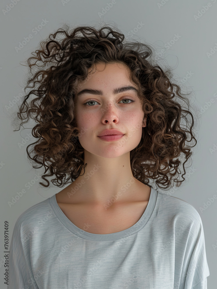 Calm portrait of a young woman with loose curly hair, smiling lightly, wearing a white shirt on a light background Calm portrait of a young woman with loose curly hair, smiling lightly, wearing a white shirt on a light background