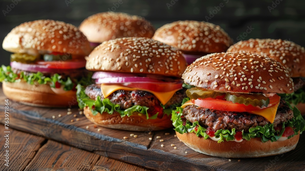 Delicious gourmet hamburgers with diverse cheeses and fresh vegetables Delicious gourmet hamburgers with diverse cheeses and fresh vegetables