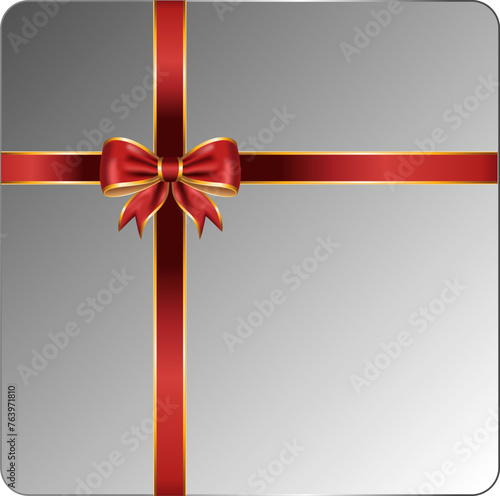 red ribbon bow has gold trim with gift box top view illustration