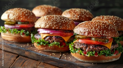 Delicious gourmet hamburgers with diverse cheeses and fresh vegetables