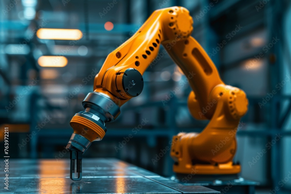 A high precision robotic arm meticulously works on a piece of metal in a manufacturing facility. A high precision robotic arm meticulously works on a piece of metal in a manufacturing facility.