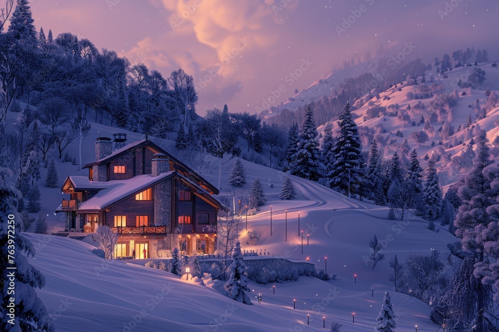 A scenic view of a luxury ski chalet at dusk nestled in a snow-covered landscape - obrazy, fototapety, plakaty 