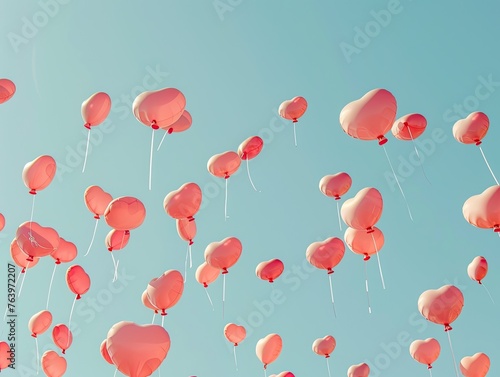 A pattern of heart-shaped balloons soaring against a clear blue sky