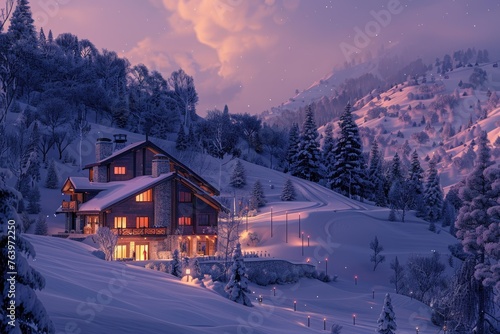 A scenic view of a luxury ski chalet at dusk nestled in a snow-covered landscape