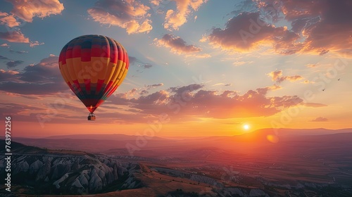 A picturesque scene of a hot air balloon ride at sunset symbolizing rising above worries to find happiness © AI Farm