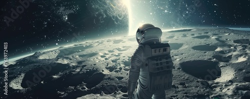 Old-school astronaut exploring a dreamy alien planet, stars shining brightly above photo