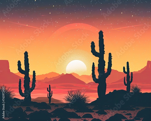The dramatic silhouette of cacti against a setting sun in a desert landscape
