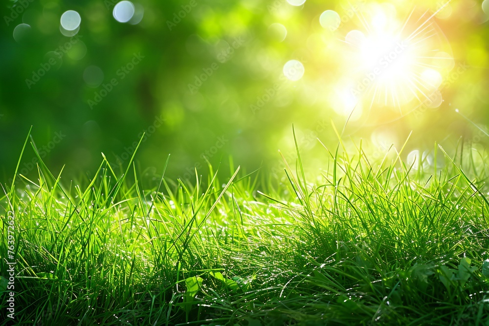 Green grass with sun rays and bokeh,  Spring background