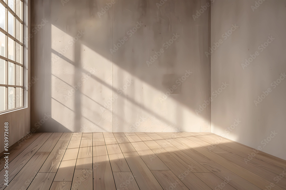 Empty room with window shadow on wall. Wooden empty room interior design, open space with beams ceiling and shadow on wall, modern contemporary architecture concept idea Empty room with window shadow on wall. Wooden empty room interior design, open space with beams ceiling and shadow on wall, modern contemporary architecture concept idea