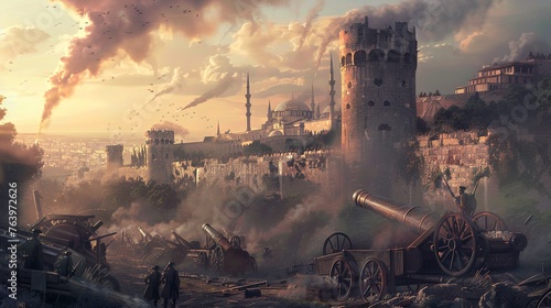 The cannons stood as sentinels on the battlefield, the castles smoke in the background photo