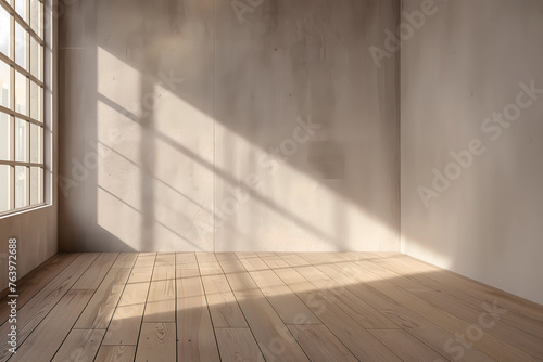 Empty room with window shadow on wall. Wooden empty room interior design  open space with beams ceiling and shadow on wall  modern contemporary architecture concept idea