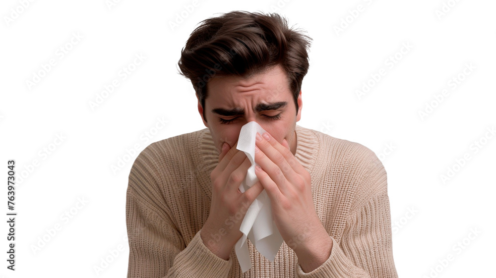 Ill or sick man with allergy, sinus infection sneezing in tissue or blowing nose during flu season on transparent or white background.
Ill or sick man with allergy, sinus infection sneezing in tissue or blowing nose during flu season on transparent or white background.