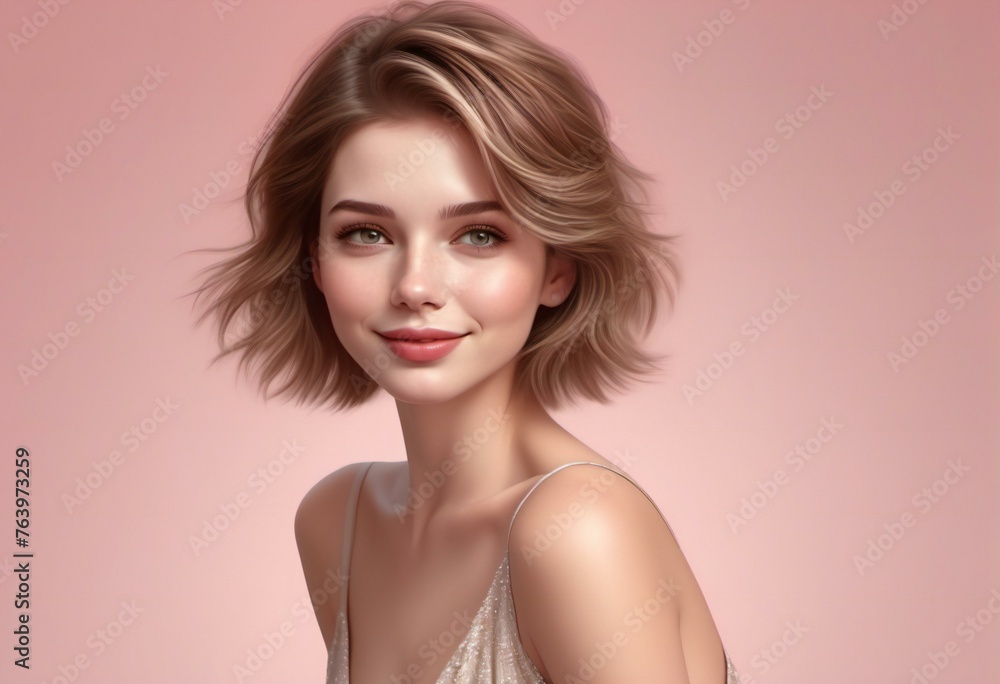 Portrait of beautiful young woman with blond hair on pink background