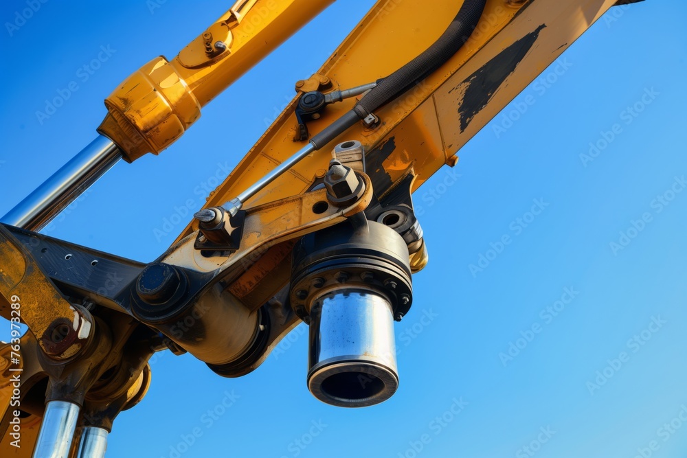 hydraulic cylinder in a new excavator arm, clear blue sky in the background hydraulic cylinder in a new excavator arm, clear blue sky in the background